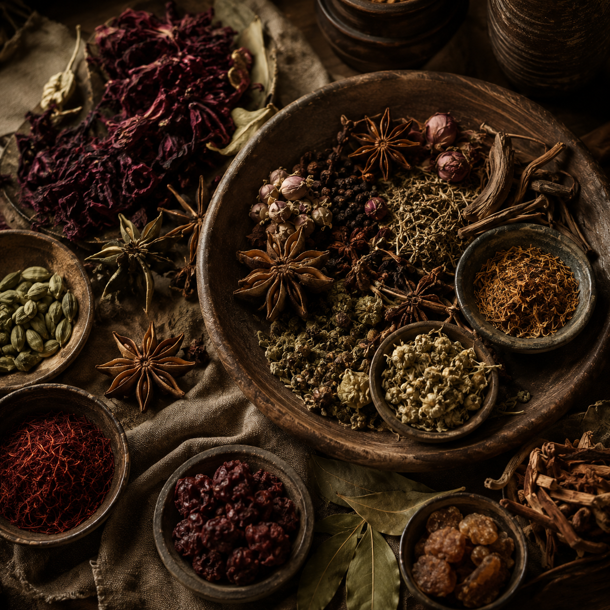 Collection of dried herbs and spices in small bowls on a textured surface