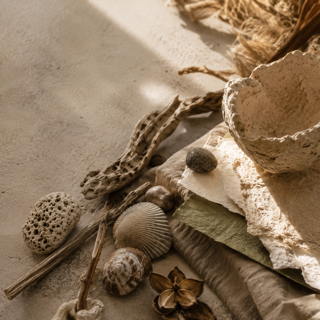 Decorative arrangement of natural elements including shells, stones, and a textured bowl on a neutral background.